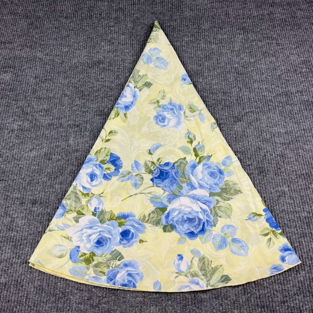 Vtg 80s Round Tablecloth 66" Blue Floral Yellow Handmade Cottagecore Garden